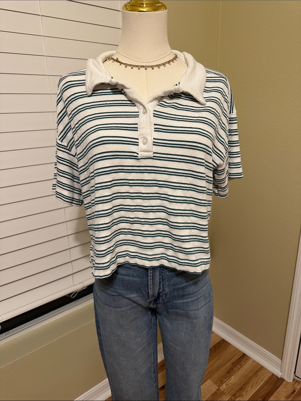 Leticia michels Striped Polo Tee in White and Green L